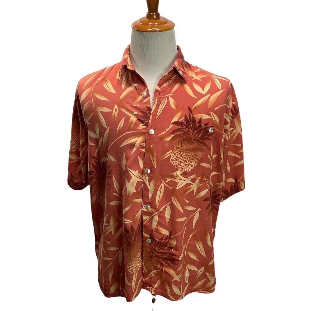 Serendipity Hawaiian Shirt‎ Large Rayon Rust Beige Hibiscus Floral Mens Vintage